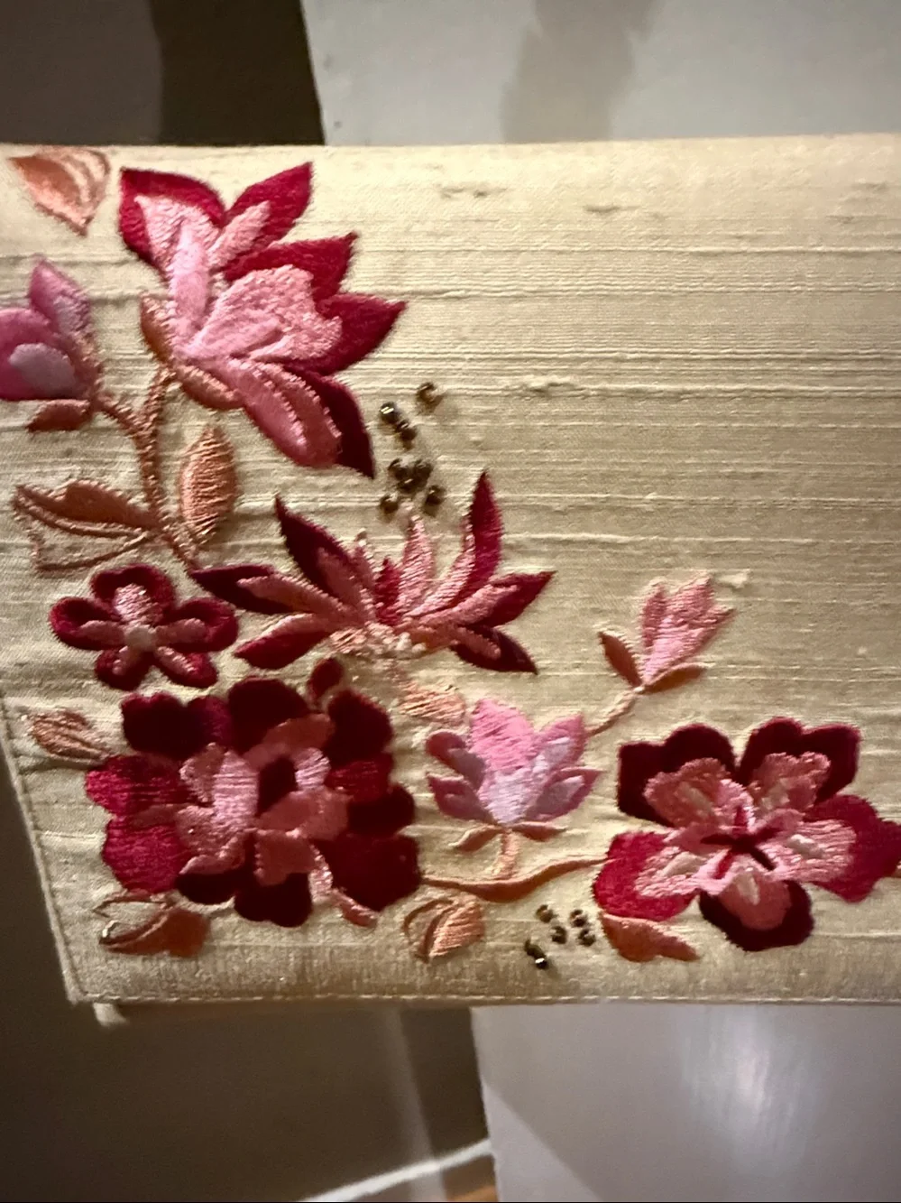 Embroidered Cream Evening Clutch with Pink Floral Accents